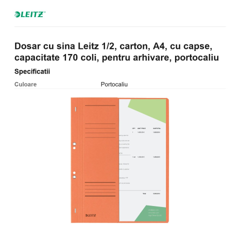 Dosar cu sina Leitz 1/2, carton, A4, cu capse, capacitate 170 coli, pentru arhivare, portocaliu [2]