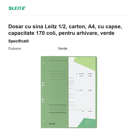 Dosar cu sina Leitz 1/2, carton, A4, cu capse, capacitate 170 coli, pentru arhivare, verde [2]
