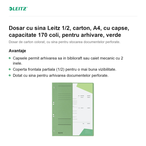 Dosar cu sina Leitz 1/2, carton, A4, cu capse, capacitate 170 coli, pentru arhivare, verde [1]