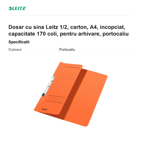 Dosar cu sina Leitz 1/2, carton, A4, incopciat, capacitate 170 coli, pentru arhivare, portocaliu [2]
