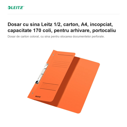Dosar cu sina Leitz 1/2, carton, A4, incopciat, capacitate 170 coli, pentru arhivare, portocaliu [1]