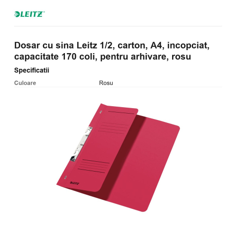 Dosar cu sina Leitz 1/2, carton, A4, incopciat, capacitate 170 coli, pentru arhivare, rosu [2]