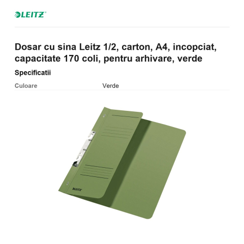 Dosar cu sina Leitz 1/2, carton, A4, incopciat, capacitate 170 coli, pentru arhivare, verde [2]