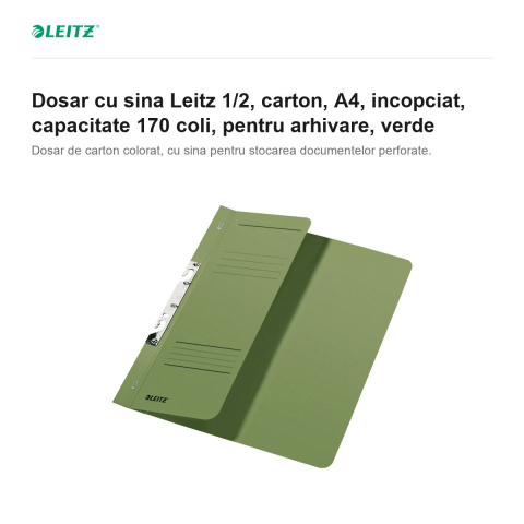 Dosar cu sina Leitz 1/2, carton, A4, incopciat, capacitate 170 coli, pentru arhivare, verde [1]