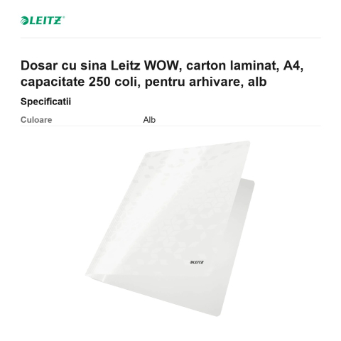 Dosar cu sina Leitz WOW, carton laminat, A4, capacitate 250 coli, pentru arhivare, alb [2]