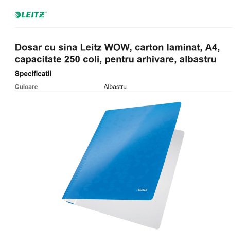 Dosar cu sina Leitz WOW, carton laminat, A4, capacitate 250 coli, pentru arhivare, albastru [2]