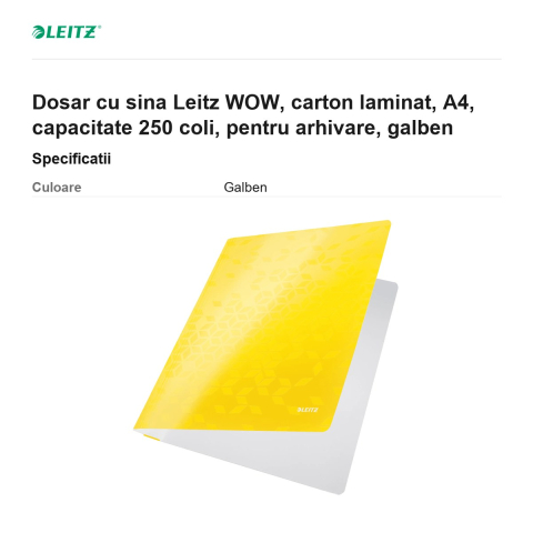 Dosar cu sina Leitz WOW, carton laminat, A4, capacitate 250 coli, pentru arhivare, galben [2]