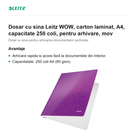 Dosar cu sina Leitz WOW, carton laminat, A4, capacitate 250 coli, pentru arhivare, mov [1]