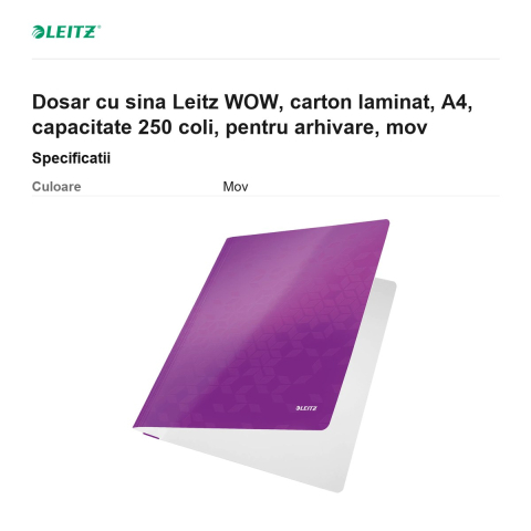Dosar cu sina Leitz WOW, carton laminat, A4, capacitate 250 coli, pentru arhivare, mov [2]