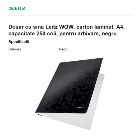 Dosar cu sina Leitz WOW, carton laminat, A4, capacitate 250 coli, pentru arhivare, negru [2]
