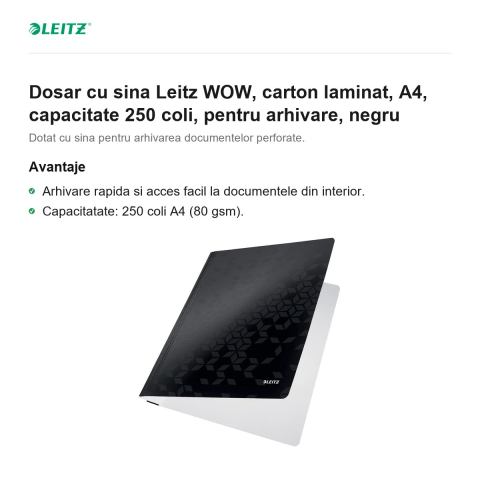 Dosar cu sina Leitz WOW, carton laminat, A4, capacitate 250 coli, pentru arhivare, negru [1]