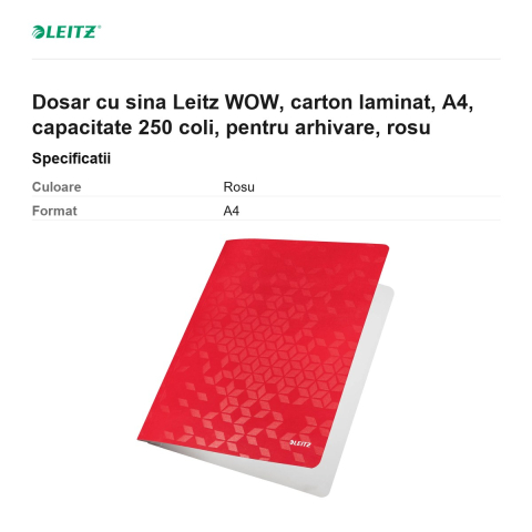 Dosar cu sina Leitz WOW, carton laminat, A4, capacitate 250 coli, pentru arhivare, rosu [2]