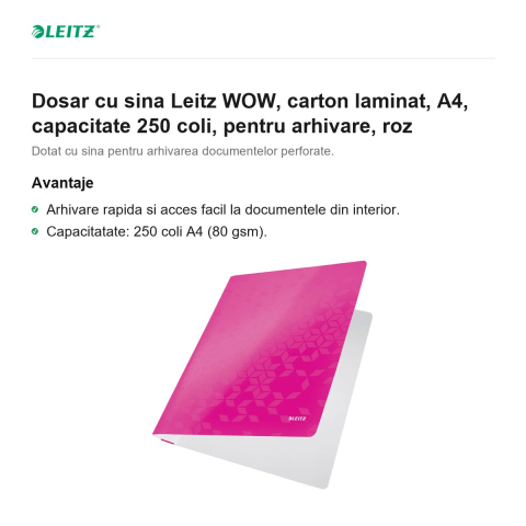 Dosar cu sina Leitz WOW, carton laminat, A4, capacitate 250 coli, pentru arhivare, roz [1]
