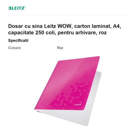 Dosar cu sina Leitz WOW, carton laminat, A4, capacitate 250 coli, pentru arhivare, roz [2]