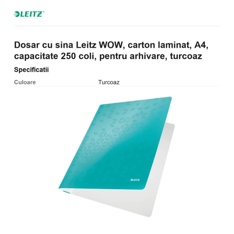 Dosar cu sina Leitz WOW, carton laminat, A4, capacitate 250 coli, pentru arhivare, turcoaz [2]