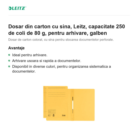 Dosar din carton cu sina, Leitz, capacitate 250 de coli de 80 g, pentru arhivare, galben [1]