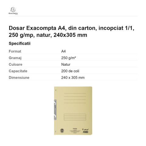 Dosar Exacompta A4, din carton, incopciat 1/1, 250 g/mp, natur, 240x305 mm [2]