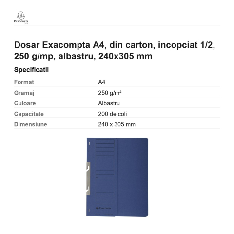 Dosar Exacompta A4, din carton, incopciat 1/2, 250 g/mp, albastru, 240x305 mm [2]