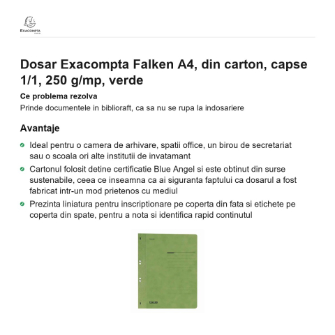 Dosar Exacompta Falken A4, din carton, capse 1/1, 250 g/mp, verde [1]