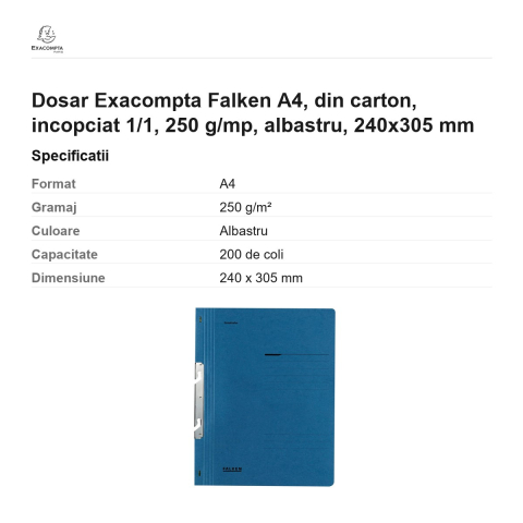 Dosar Exacompta Falken A4, din carton, incopciat 1/1, 250 g/mp, albastru, 240x305 mm [2]