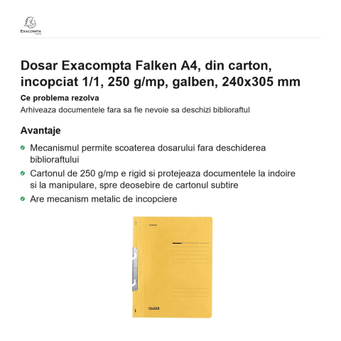 Dosar Exacompta Falken A4, din carton, incopciat 1/1, 250 g/mp, galben, 240x305 mm [1]