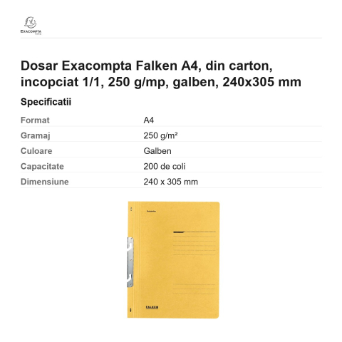Dosar Exacompta Falken A4, din carton, incopciat 1/1, 250 g/mp, galben, 240x305 mm [2]