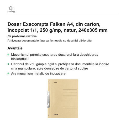 Dosar Exacompta Falken A4, din carton, incopciat 1/1, 250 g/mp, natur, 240x305 mm [1]