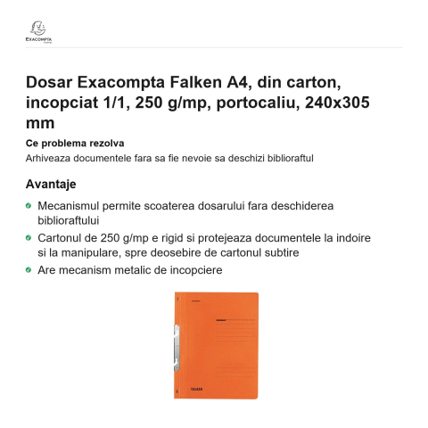 Dosar Exacompta Falken A4, din carton, incopciat 1/1, 250 g/mp, portocaliu, 240x305 mm [1]