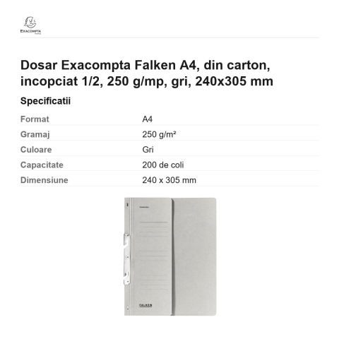 Dosar Exacompta Falken A4, din carton, incopciat 1/2, 250 g/mp, gri, 240x305 mm [2]
