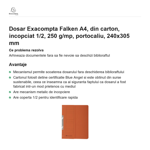 Dosar Exacompta Falken A4, din carton, incopciat 1/2, 250 g/mp, portocaliu, 240x305 mm [1]
