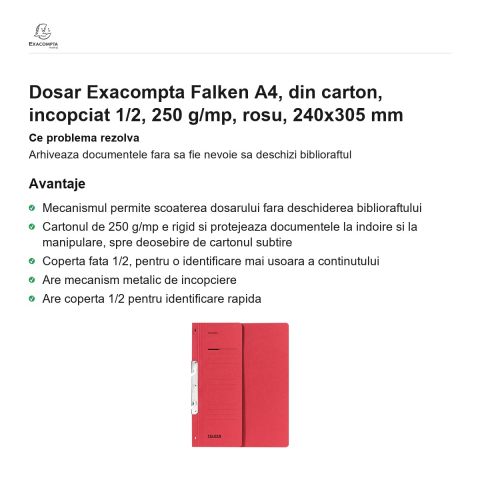 Dosar Exacompta Falken A4, din carton, incopciat 1/2, 250 g/mp, rosu, 240x305 mm [1]