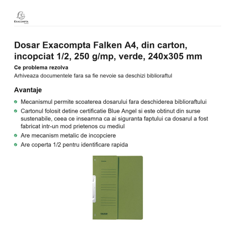 Dosar Exacompta Falken A4, din carton, incopciat 1/2, 250 g/mp, verde, 240x305 mm [1]