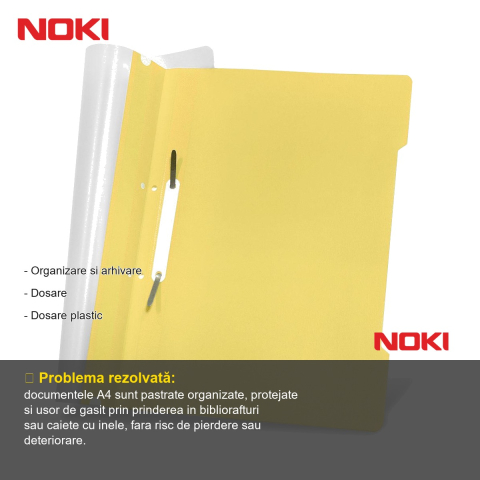 Set 10 dosare plastic cu sina si gauri Noki, format A4, galben, pentru organizare documente [1]