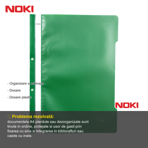Set 10 dosare plastic cu sina si gauri Noki, format A4, verde, pentru organizare documente [1]