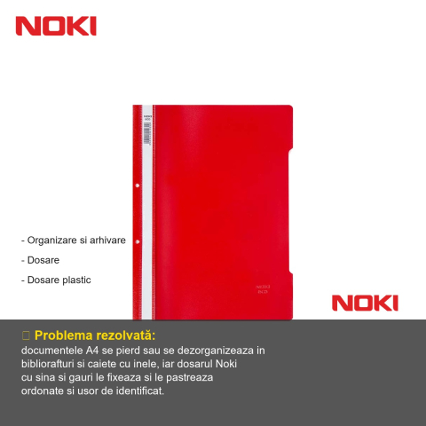 Set 10 dosare plastic cu sina si gauri Noki, format A4, culoare rosie, pentru organizare documente [1]