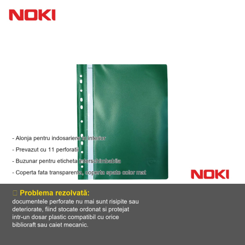Set 10 dosare plastic cu sina si multiperforatii Noki, format A4, verde, pentru arhivare in biblioraft [1]