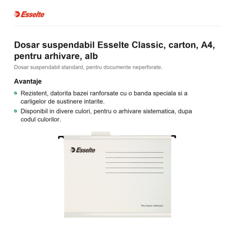 Dosar suspendabil Esselte Classic, carton, A4, pentru arhivare, alb [1]