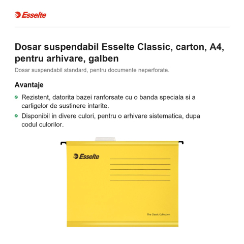 Dosar suspendabil Esselte Classic, carton, A4, pentru arhivare, galben [1]