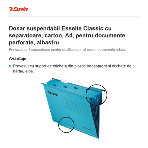 Dosar suspendabil Esselte Classic cu separatoare, carton, A4, pentru documente perforate, albastru [1]