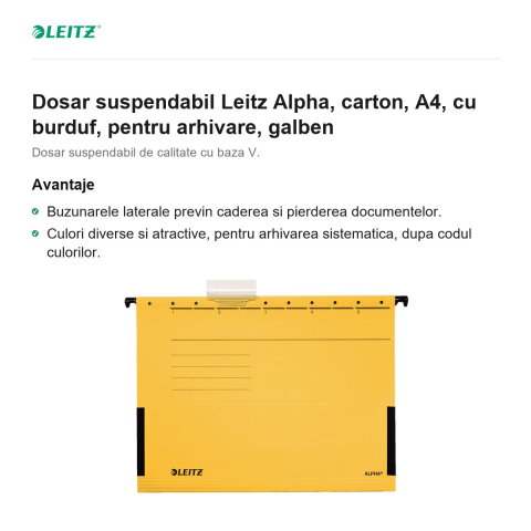 Dosar suspendabil Leitz Alpha, carton, A4, cu burduf, pentru arhivare, galben [1]