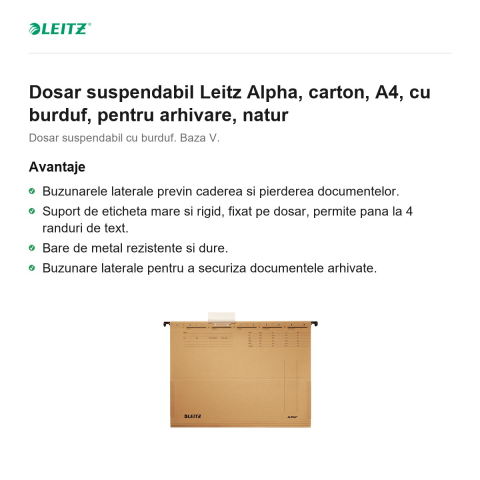 Dosar suspendabil Leitz Alpha, carton, A4, cu burduf, pentru arhivare, natur [1]