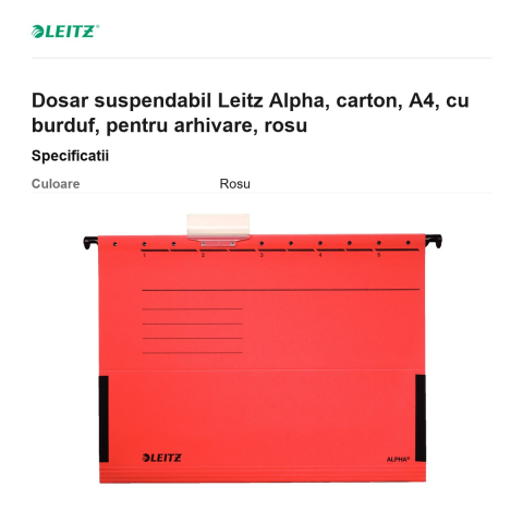 Dosar suspendabil Leitz Alpha, carton, A4, cu burduf, pentru arhivare, rosu [2]