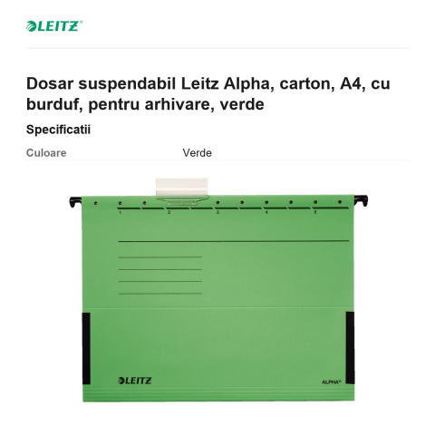 Dosar suspendabil Leitz Alpha, carton, A4, cu burduf, pentru arhivare, verde [2]