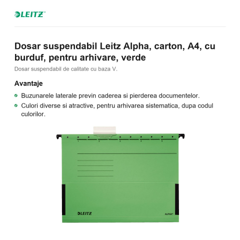 Dosar suspendabil Leitz Alpha, carton, A4, cu burduf, pentru arhivare, verde [1]