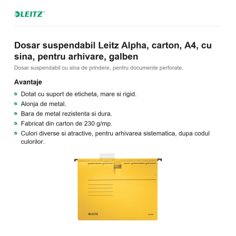 Dosar suspendabil Leitz Alpha, carton, A4, cu sina, pentru arhivare, galben [1]