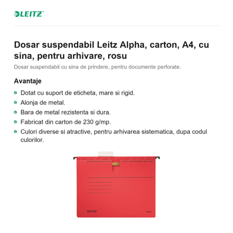 Dosar suspendabil Leitz Alpha, carton, A4, cu sina, pentru arhivare, rosu [1]