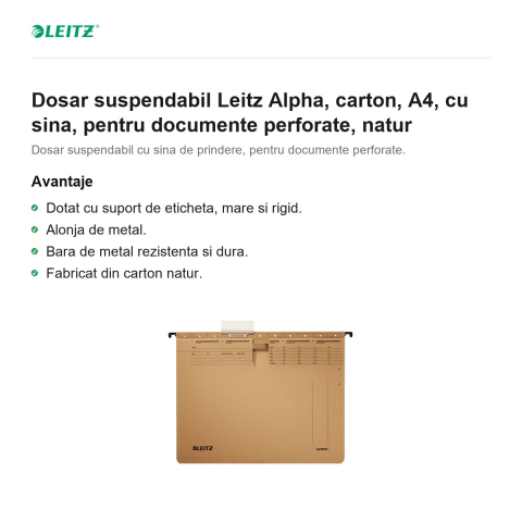 Dosar suspendabil Leitz Alpha, carton, A4, cu sina, pentru documente perforate, natur [1]