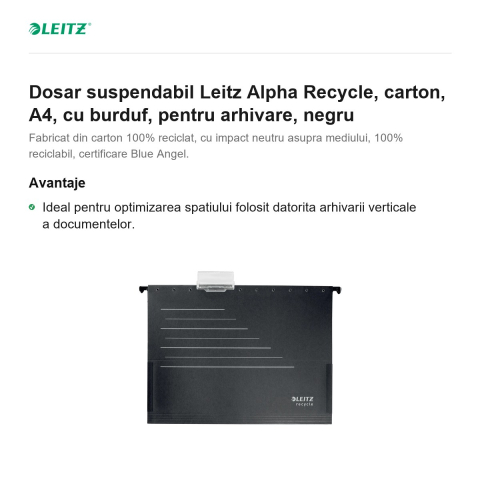 Dosar suspendabil Leitz Alpha Recycle, carton, A4, cu burduf, pentru arhivare, negru [1]