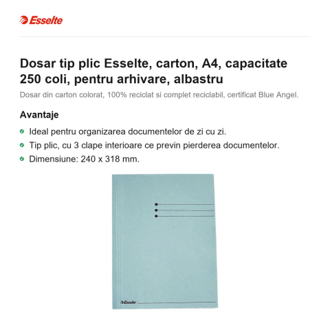 Dosar tip plic Esselte, carton, A4, capacitate 250 coli, pentru arhivare, albastru [1]