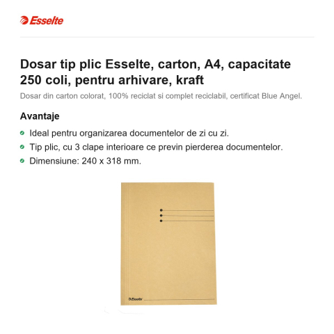 Dosar tip plic Esselte, carton, A4, capacitate 250 coli, pentru arhivare, kraft [1]